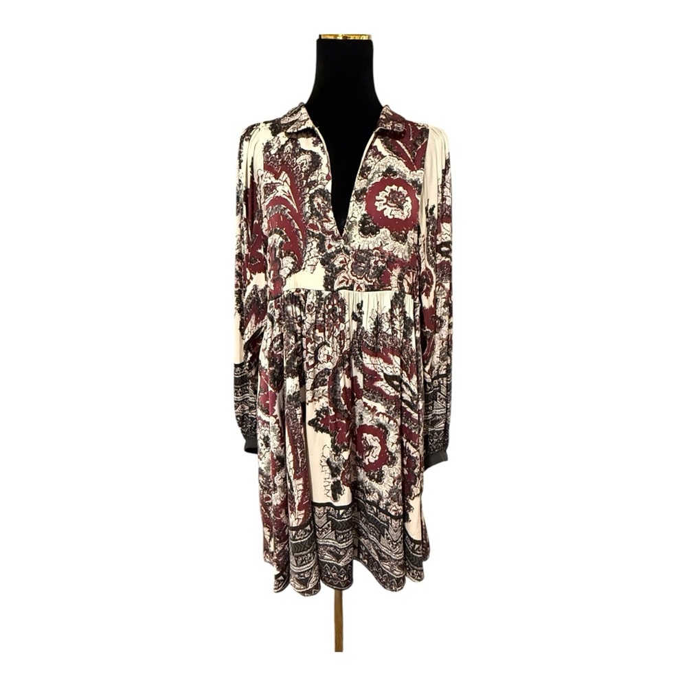 Free People Red and White Paisley Dolan Long Sleeve Dress Size L EUC